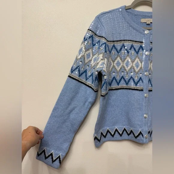 NWT Loft Blue Patterned and Sequined Women's Cardigan Sweater - Picture 7 of 10